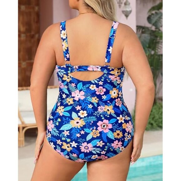 Daci Plus Size 18W One Piece Swimsuit Floral Twist Front Blue Ruched Swimwear - Picture 5 of 9